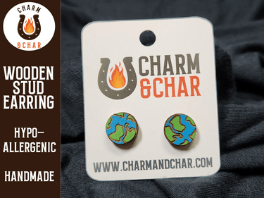 Earth Wood Stud Earrings - Planet Fashion Earring - Stud Earring - Charm and Char